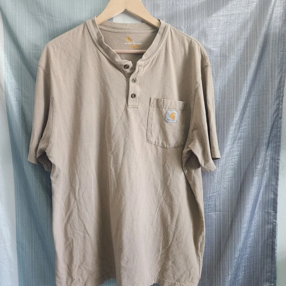 Carhartt Mens K84 DES Short Sleeve Henley Pocket T-Shirt Tan Original Fit L - Picture 1 of 7
